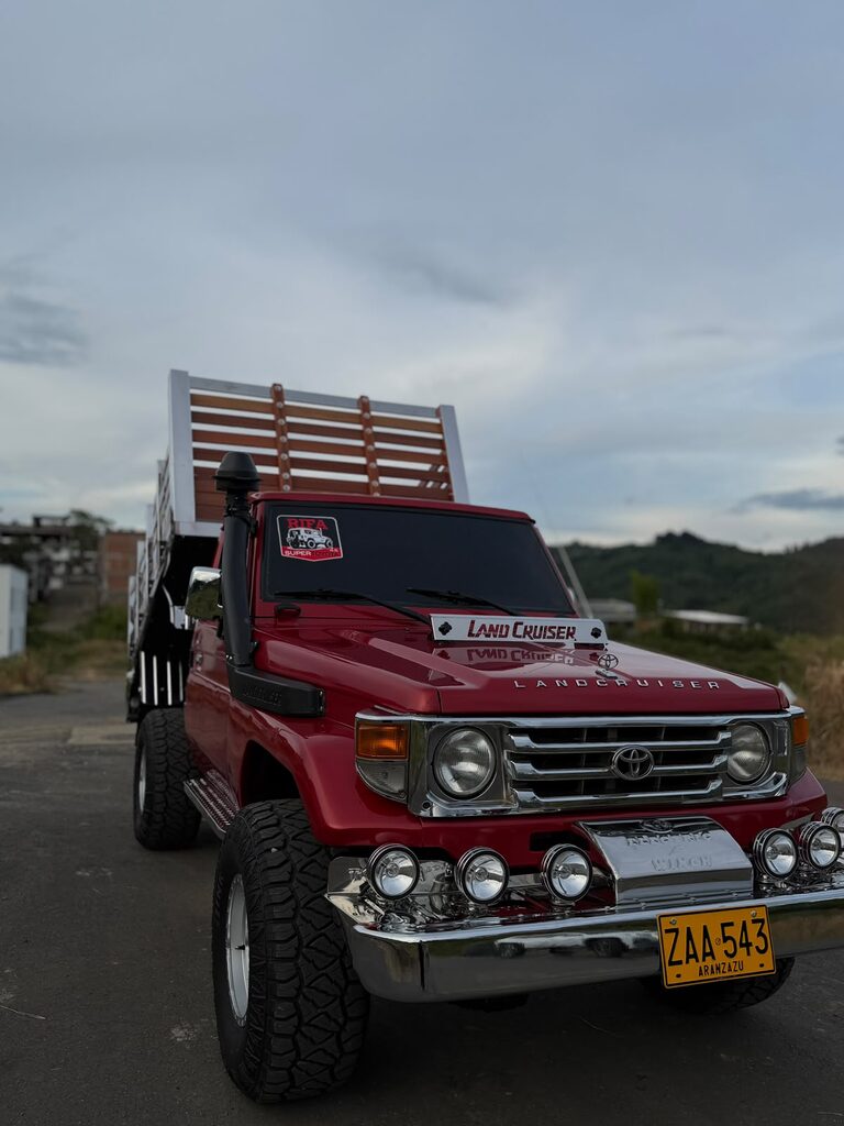 Toyota 4.5 de estacas en carretera con paisaje de montaña al fondo